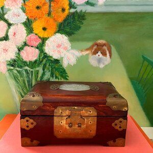 Vintage Chinoiserie Rosewood Jewelry Box with Jade Insert